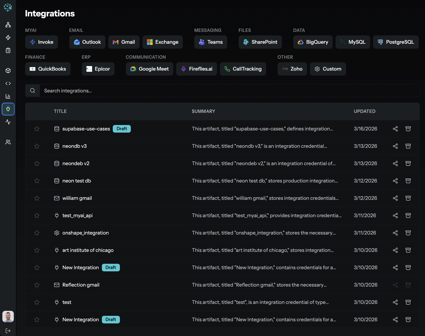 MyAi Integrations page showing connector categories and configured credentials