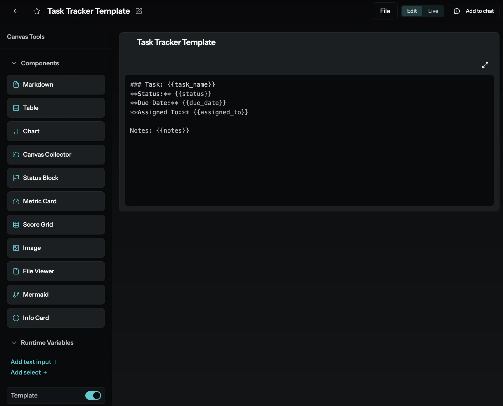 MyAi Template editor showing Canvas Tools, template variables, and Template toggle