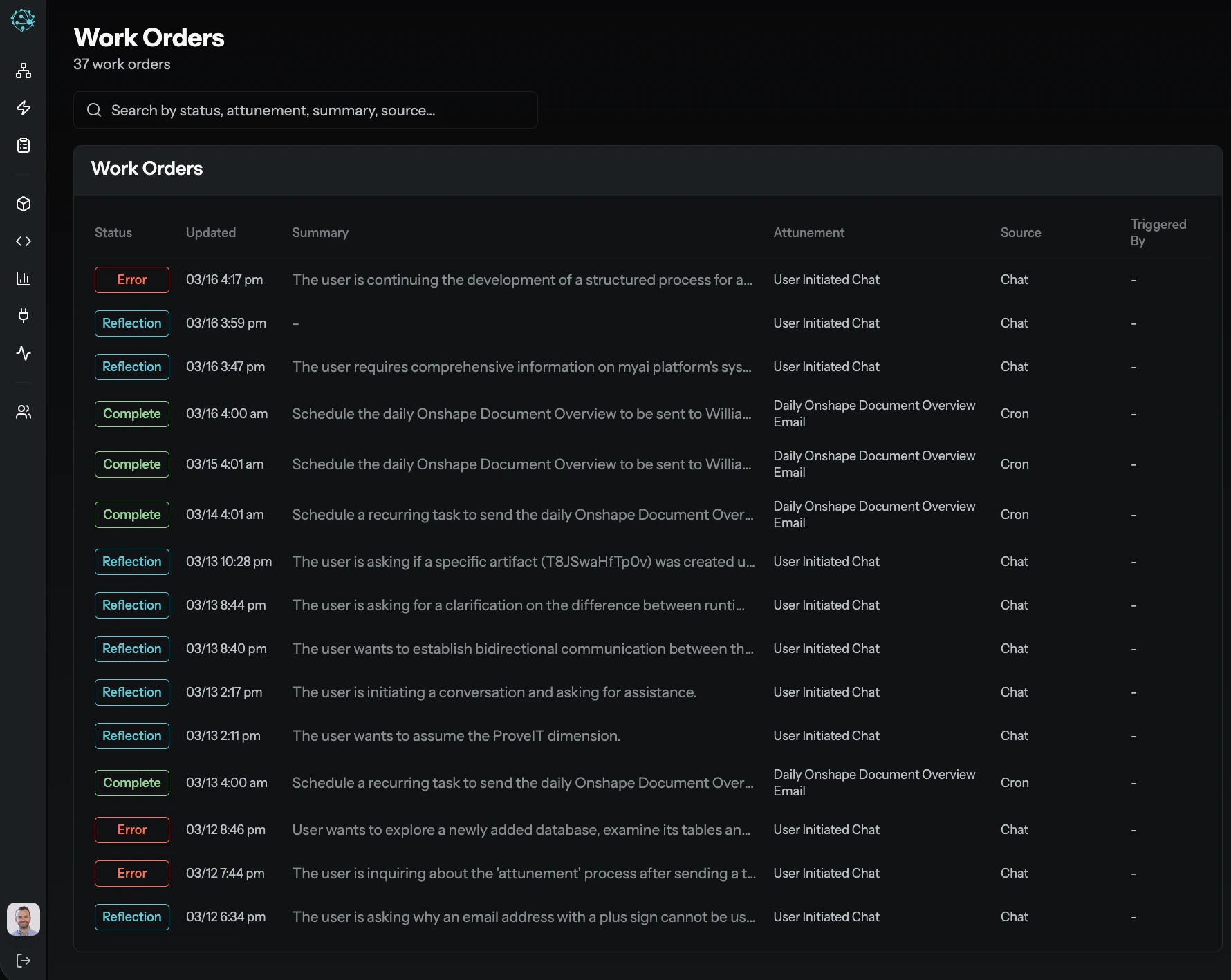 MyAi Work Orders list showing status, summaries, attunements, and sources