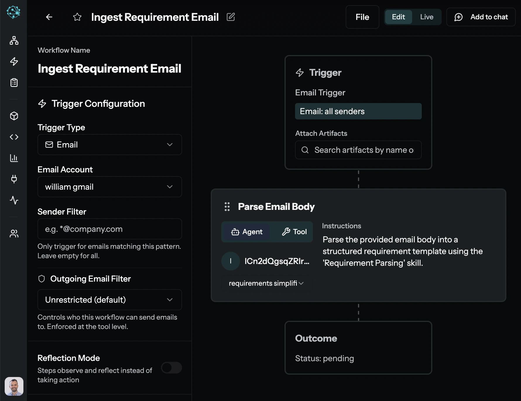 MyAi Workflow editor showing email trigger and agent parse step