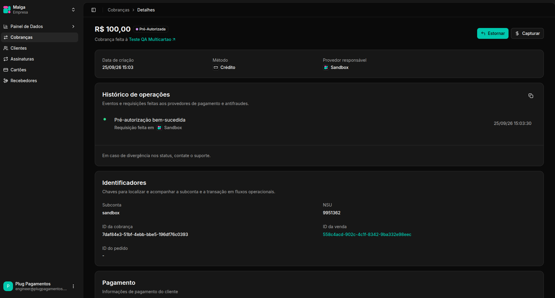 Estornar e Capturar no Detalhe de Cobrança