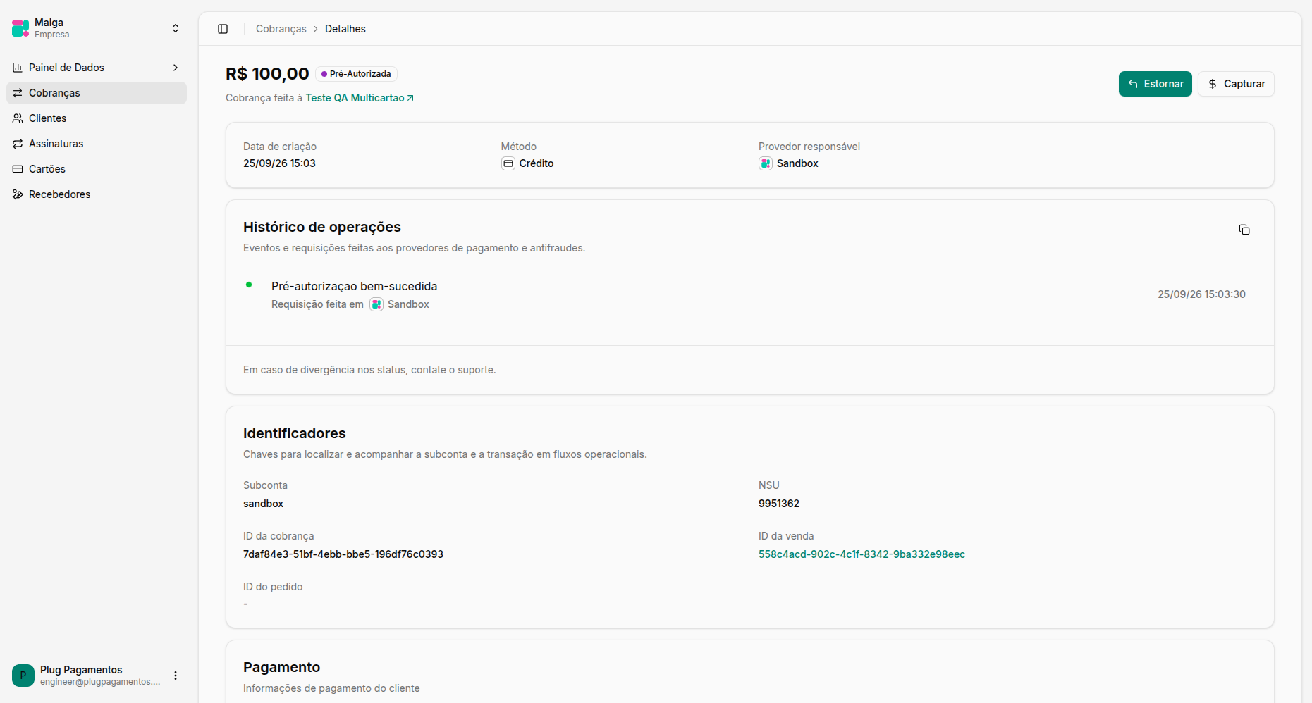Estornar e Capturar no Detalhe de Cobrança