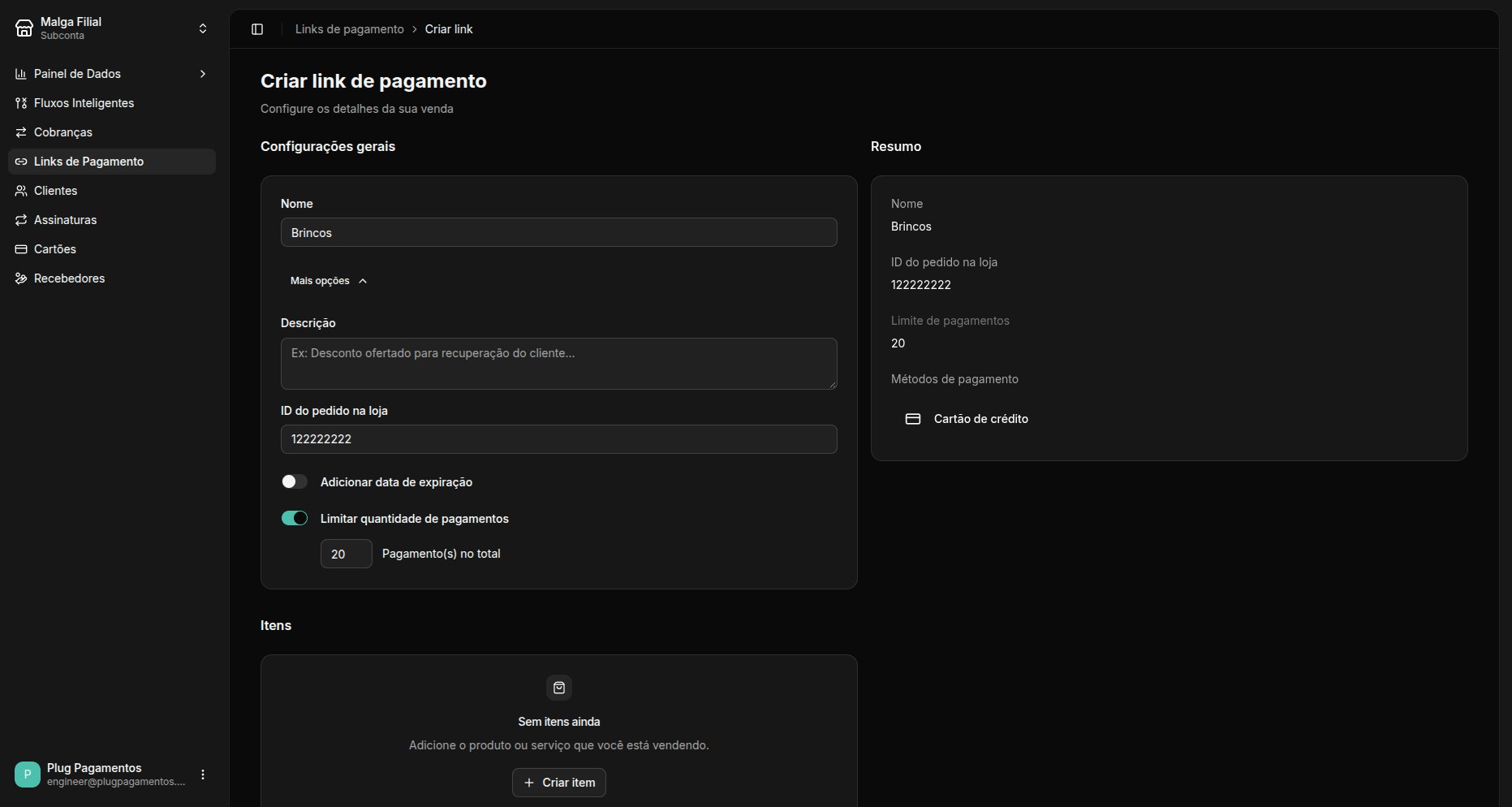 Tela de criação de link com o controle de limite de pagamentos habilitado