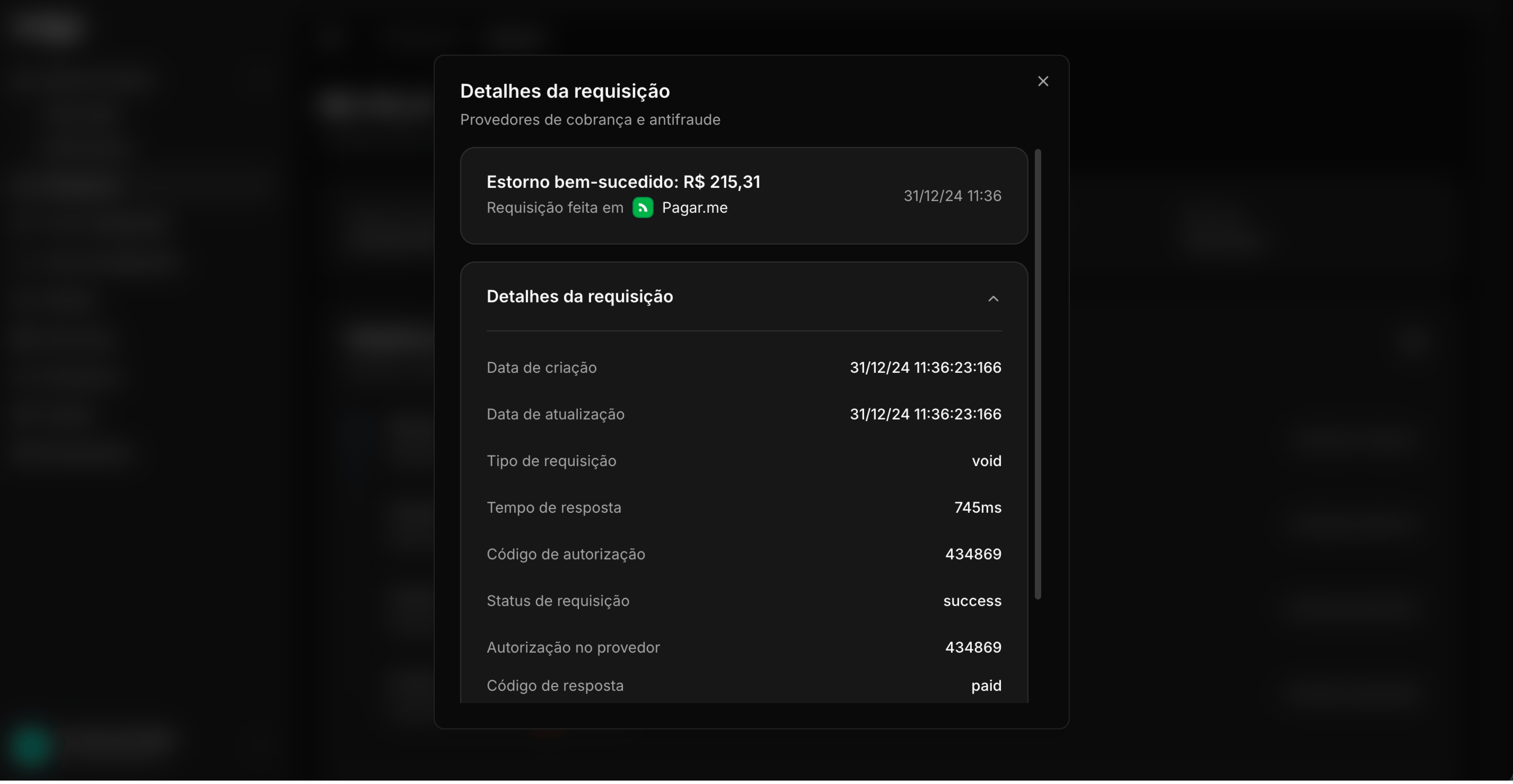 Detalhes de uma transação após estorno