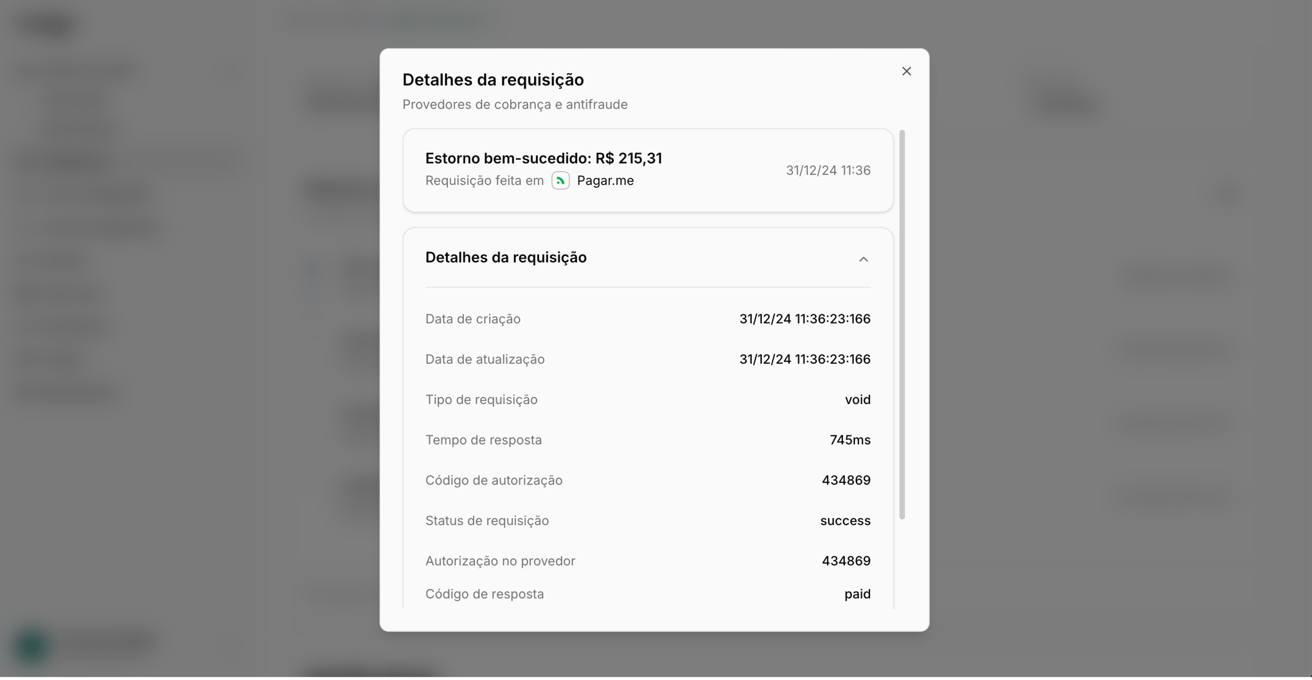 Detalhes de uma transação após estorno