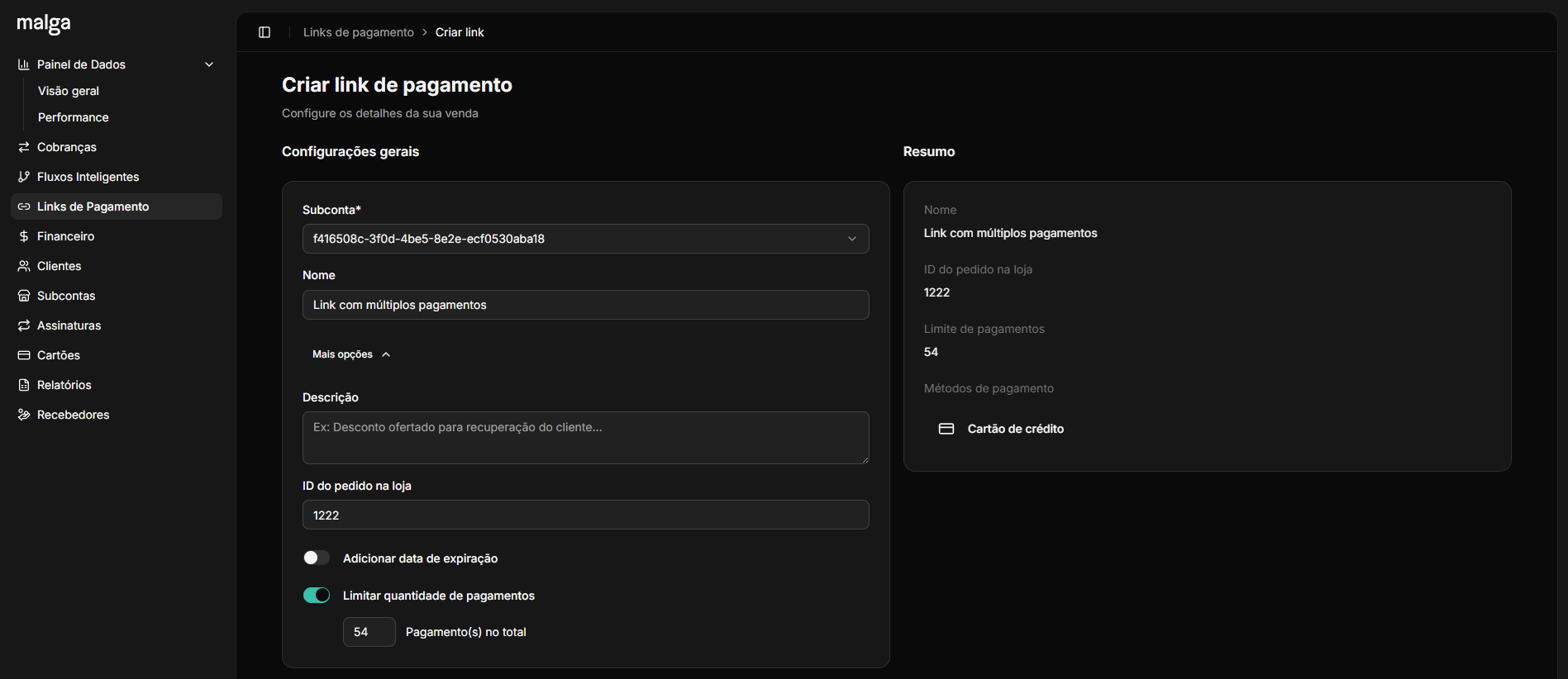 Tela do Dashboard com o controle de limite de pagamentos habilitado na criação de link