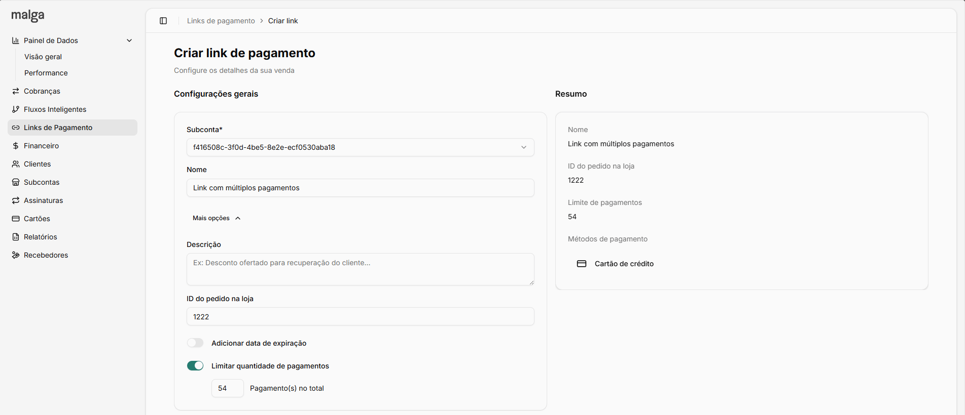 Tela do Dashboard com o controle de limite de pagamentos habilitado na criação de link