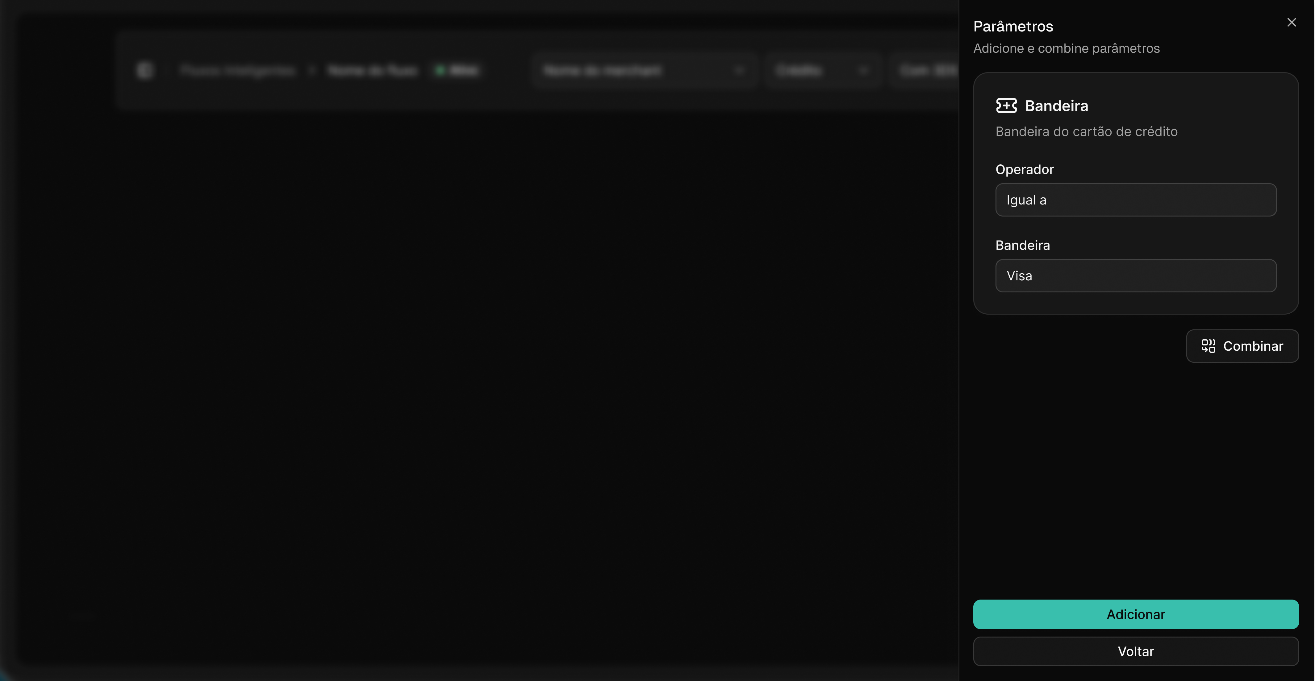 Menu lateral para adicionar condicional de Bandeira