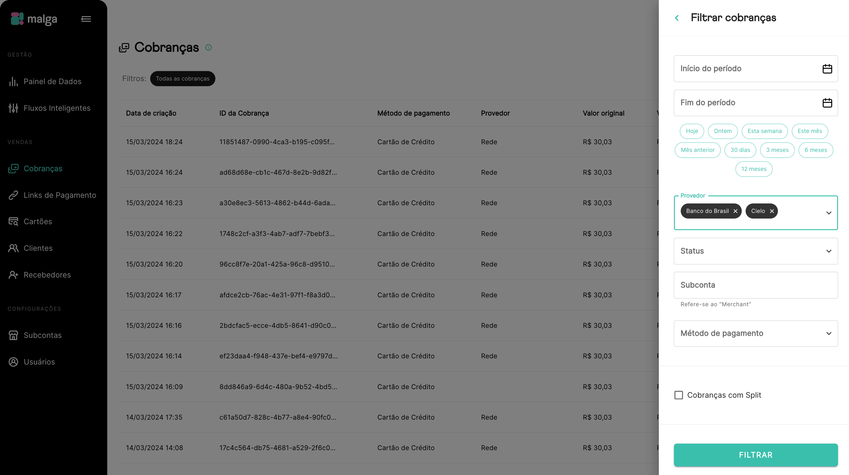 Imagem do Filtro de cobranças na Dashboard