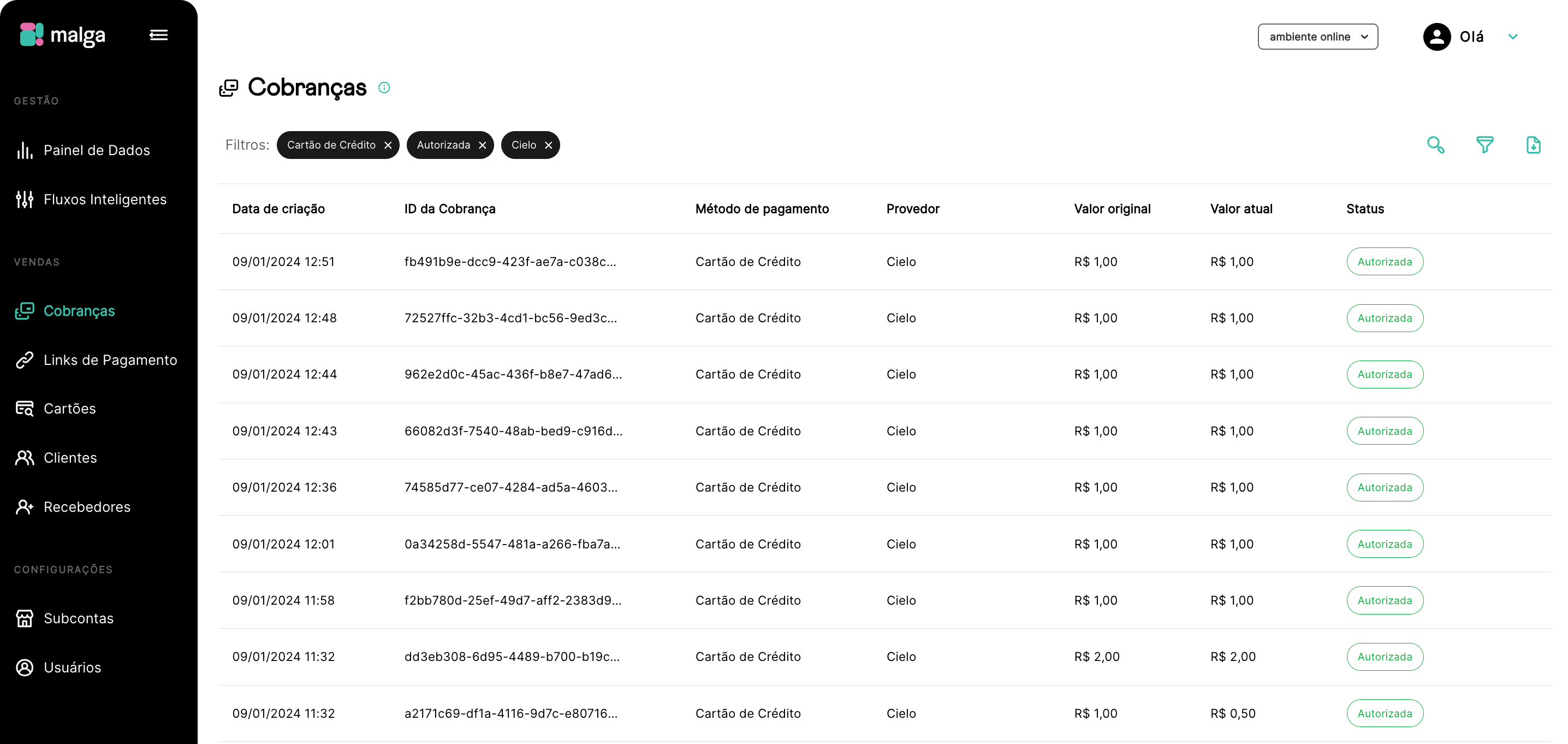 Imagem da Listagem de Cobranças na Dashboard