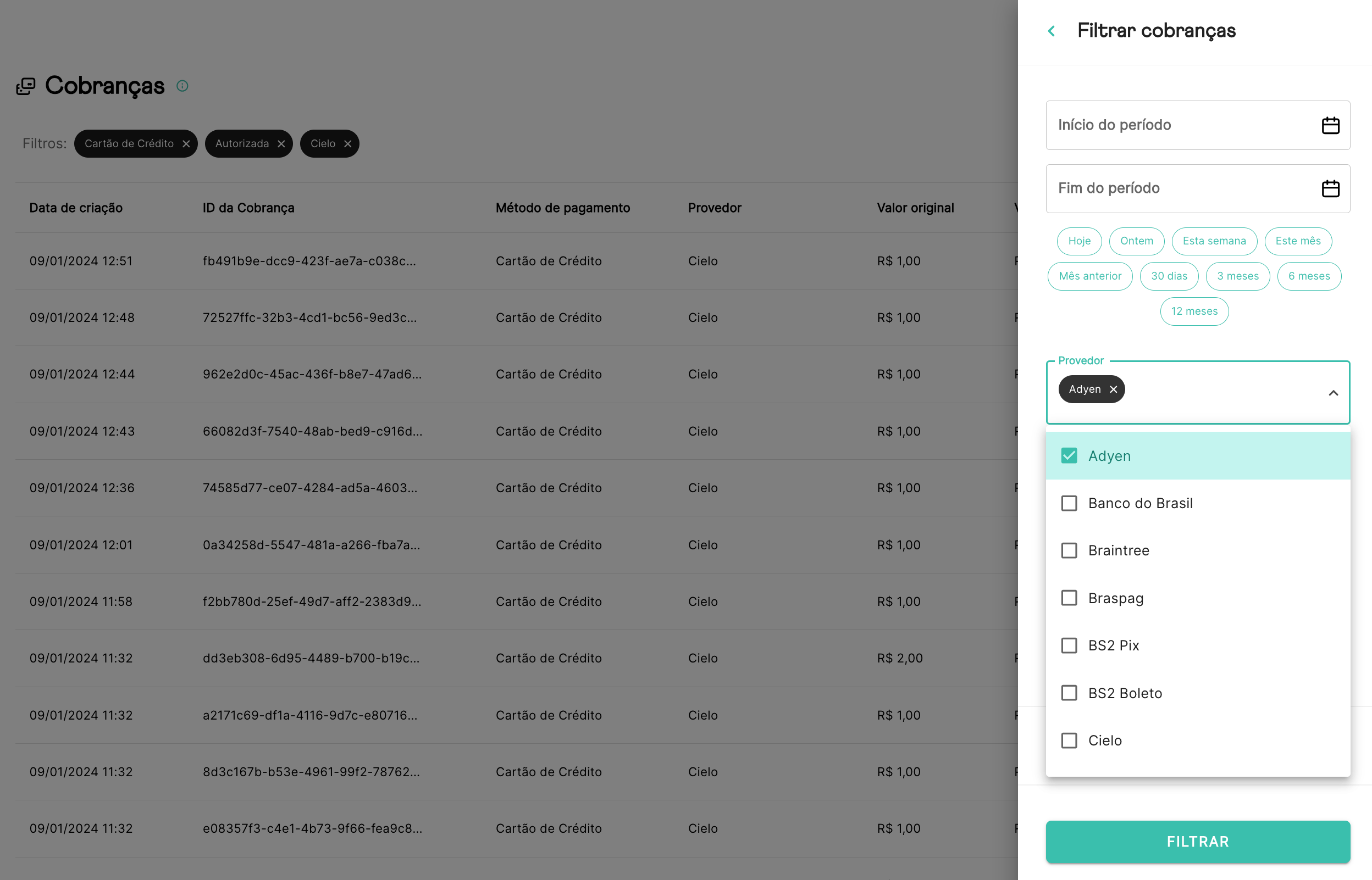Imagem da Filtro de cobranças na Dashboard com Provedor Selecionado