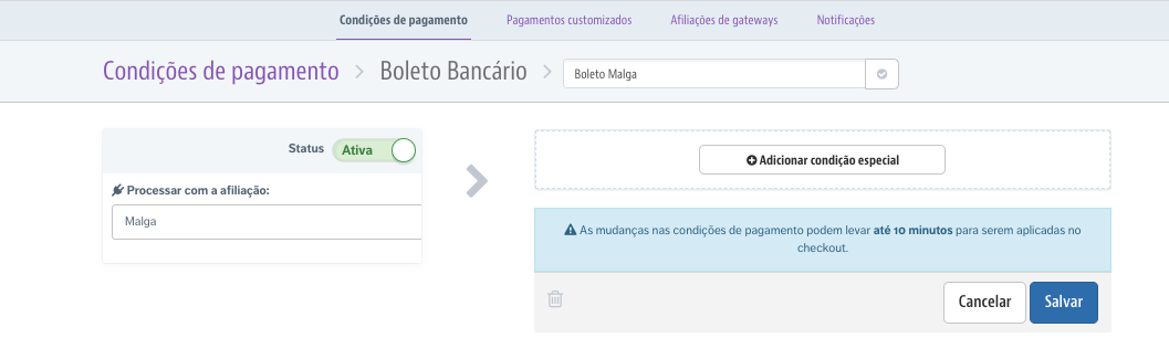 Condições de pagamento > Método Boleto Bancário