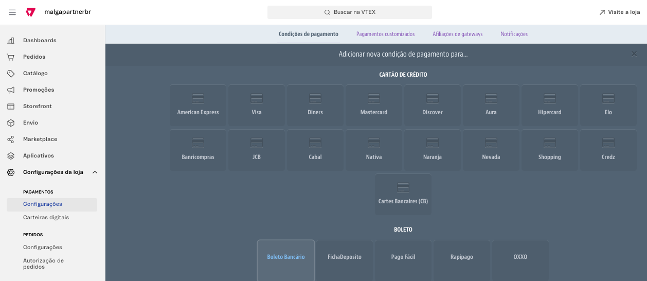 Condições de pagamento > Método Boleto Bancário