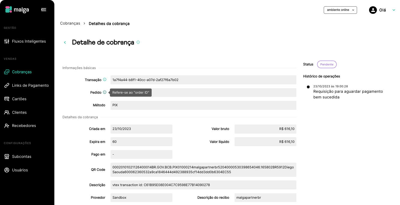 Vtex Detalhes da Charge DashboardVtex
