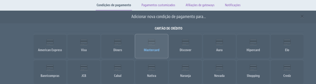 Condições de pagamento > Cartão de Crédito
