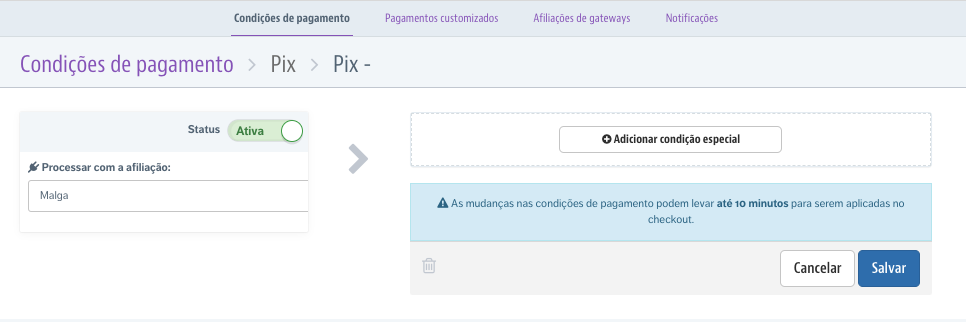 Condições de pagamento > Método Pix
