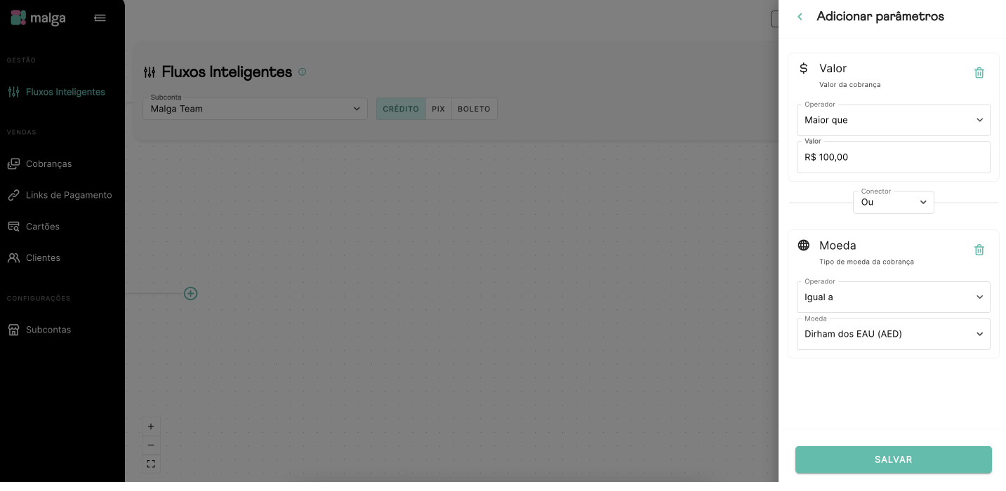 Configuração do condicional de Combinações - Operador lógico OU
