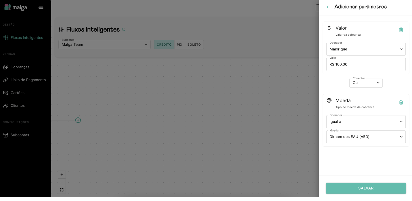 Configuração do condicional de Combinações - Operador lógico OU