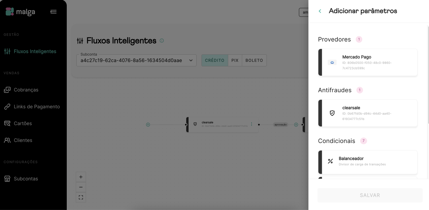 Menu lateral para adição/edição de provedores de cobrança e antifraude do fluxo