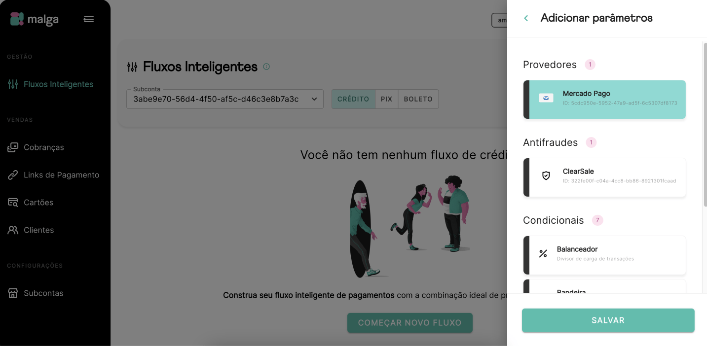 Seleção do primeiro parâmetro a ser adicionado no fluxo