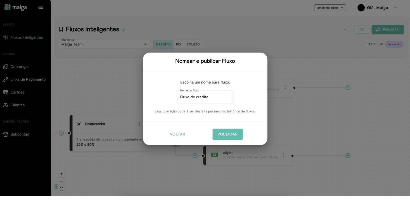 Modal para nomear o fluxo e confirmar a publicação