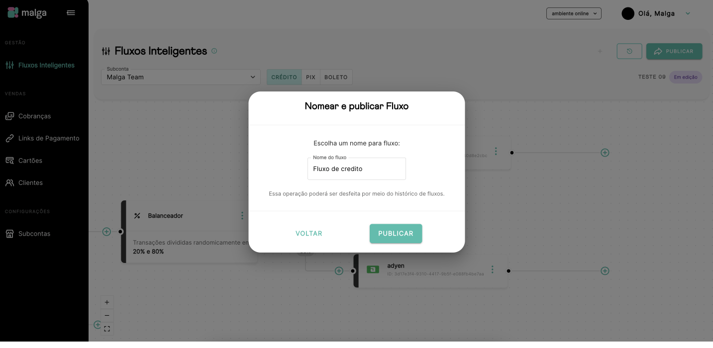 Modal para nomear o fluxo e confirmar a publicação
