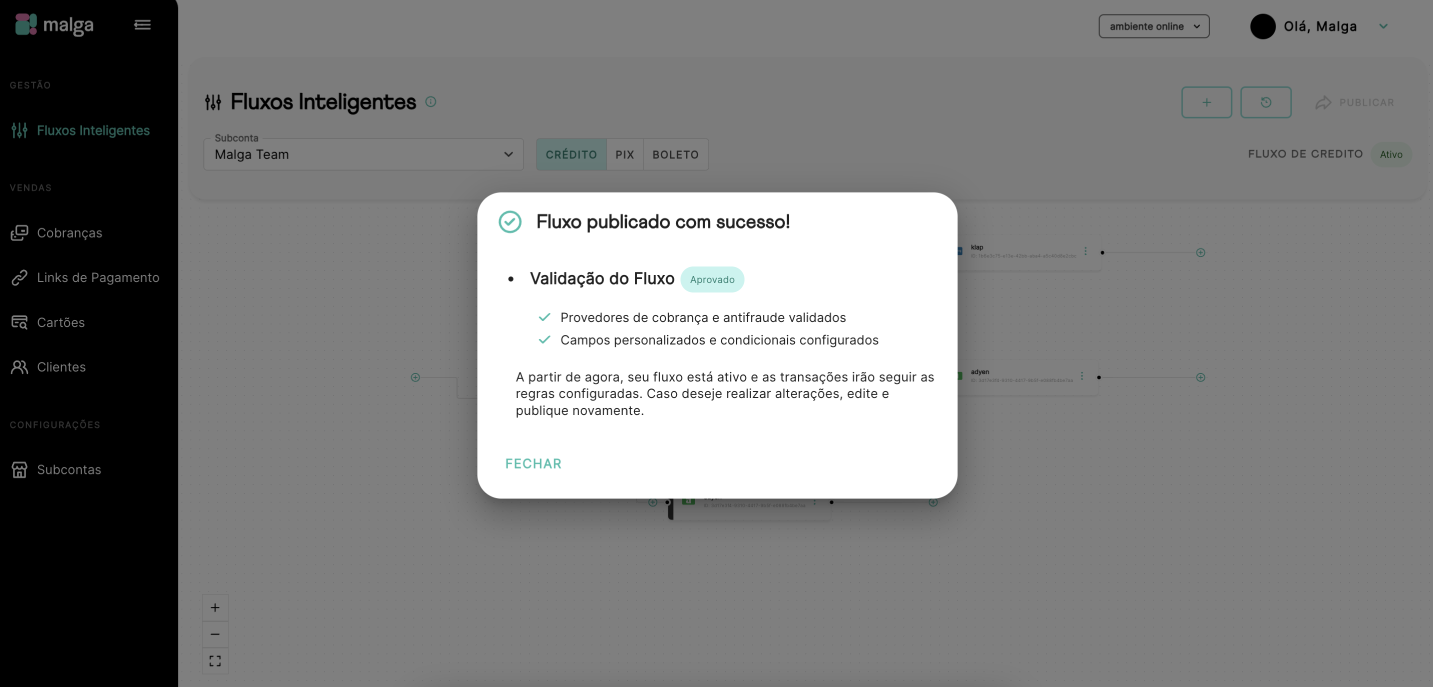 Publicação do fluxo com sucesso (ativo e no ar 🚀)