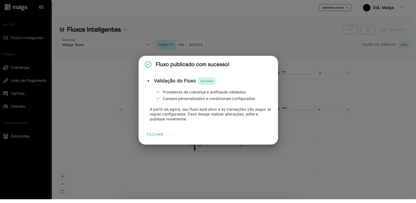 Publicação do fluxo com sucesso (ativo e no ar 🚀)