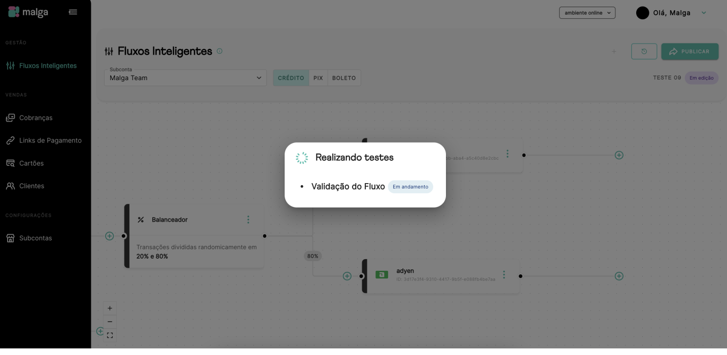 Validação do fluxo em andamento
