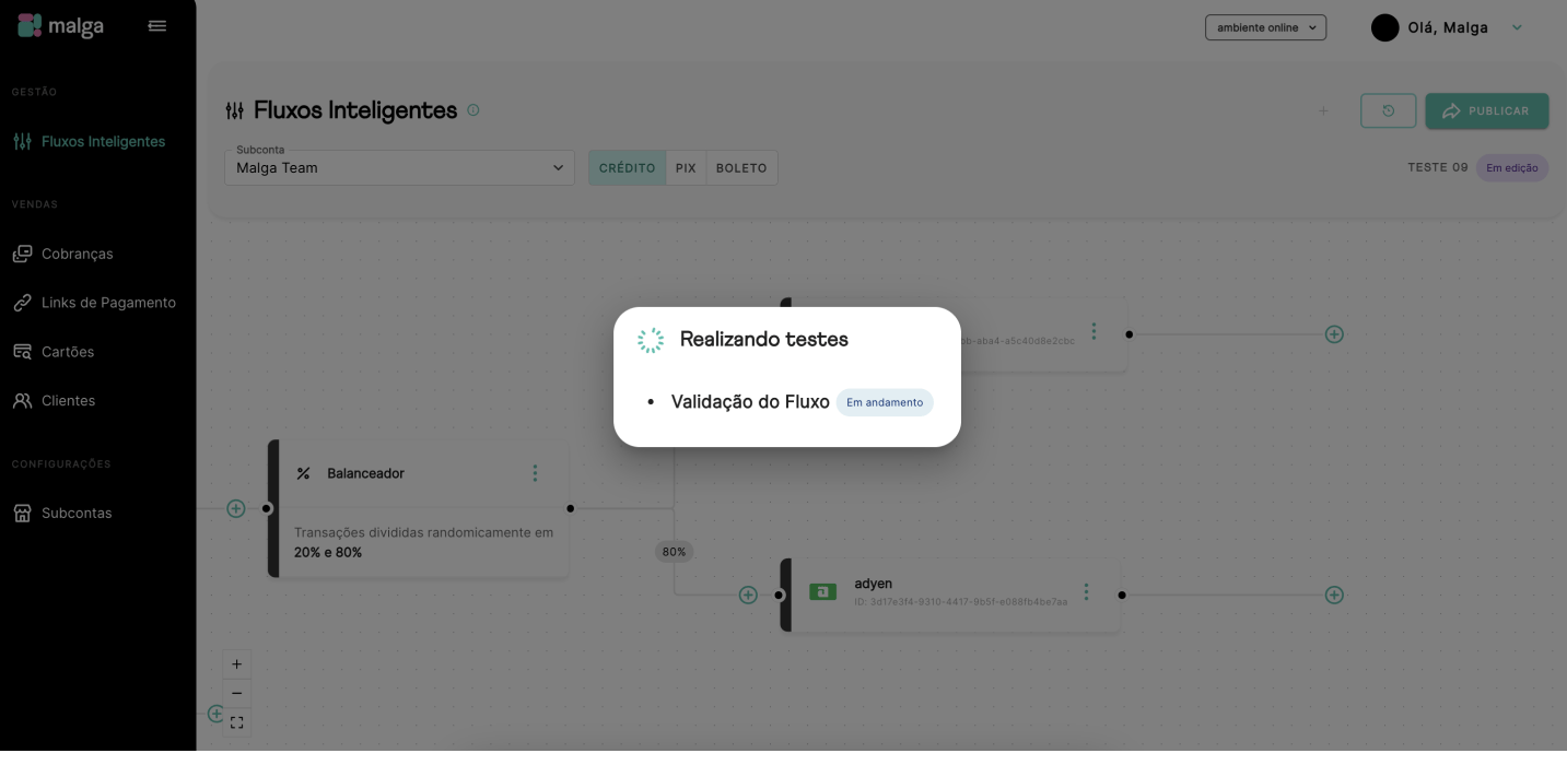 Validação do fluxo em andamento