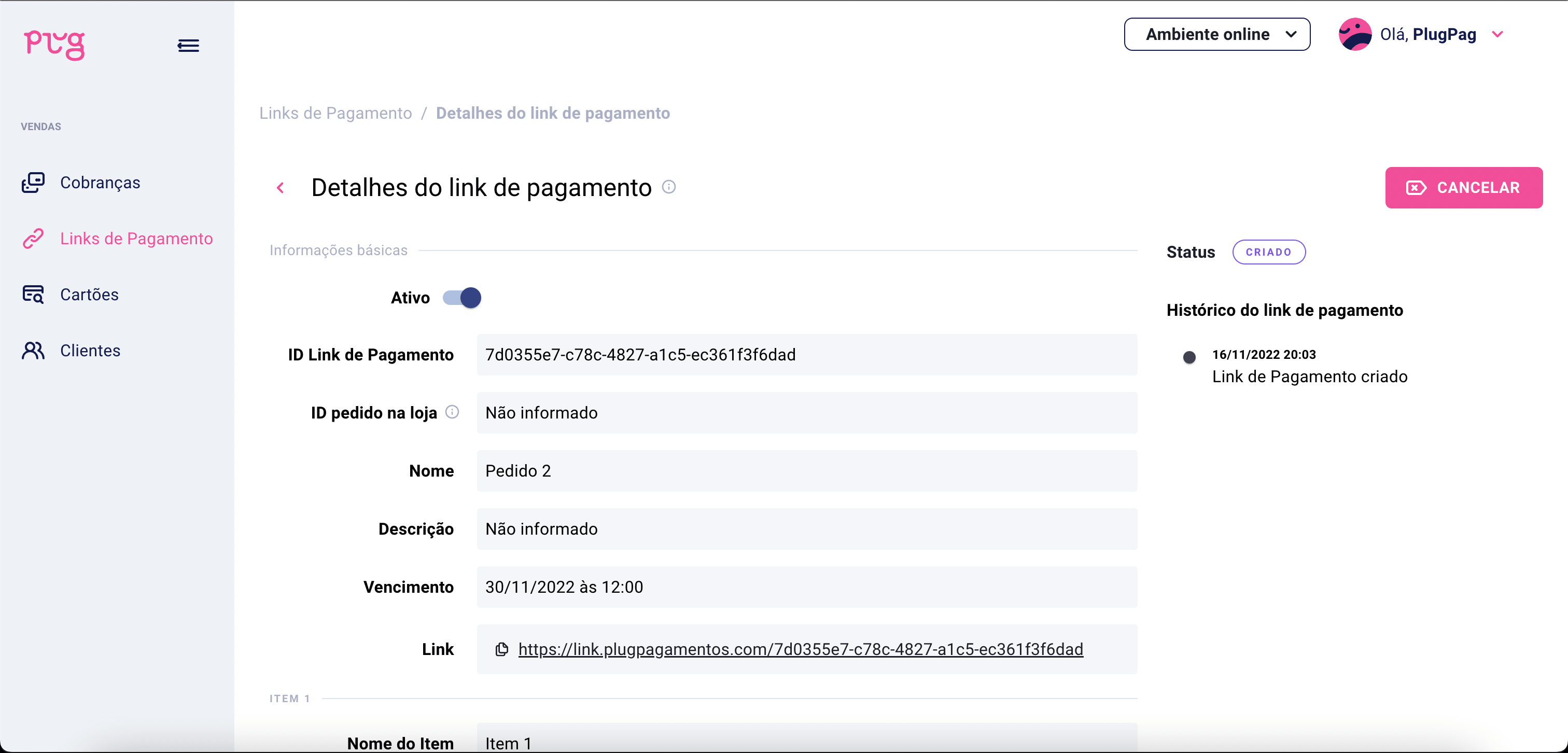 Detalhe de um Link de Pagamento