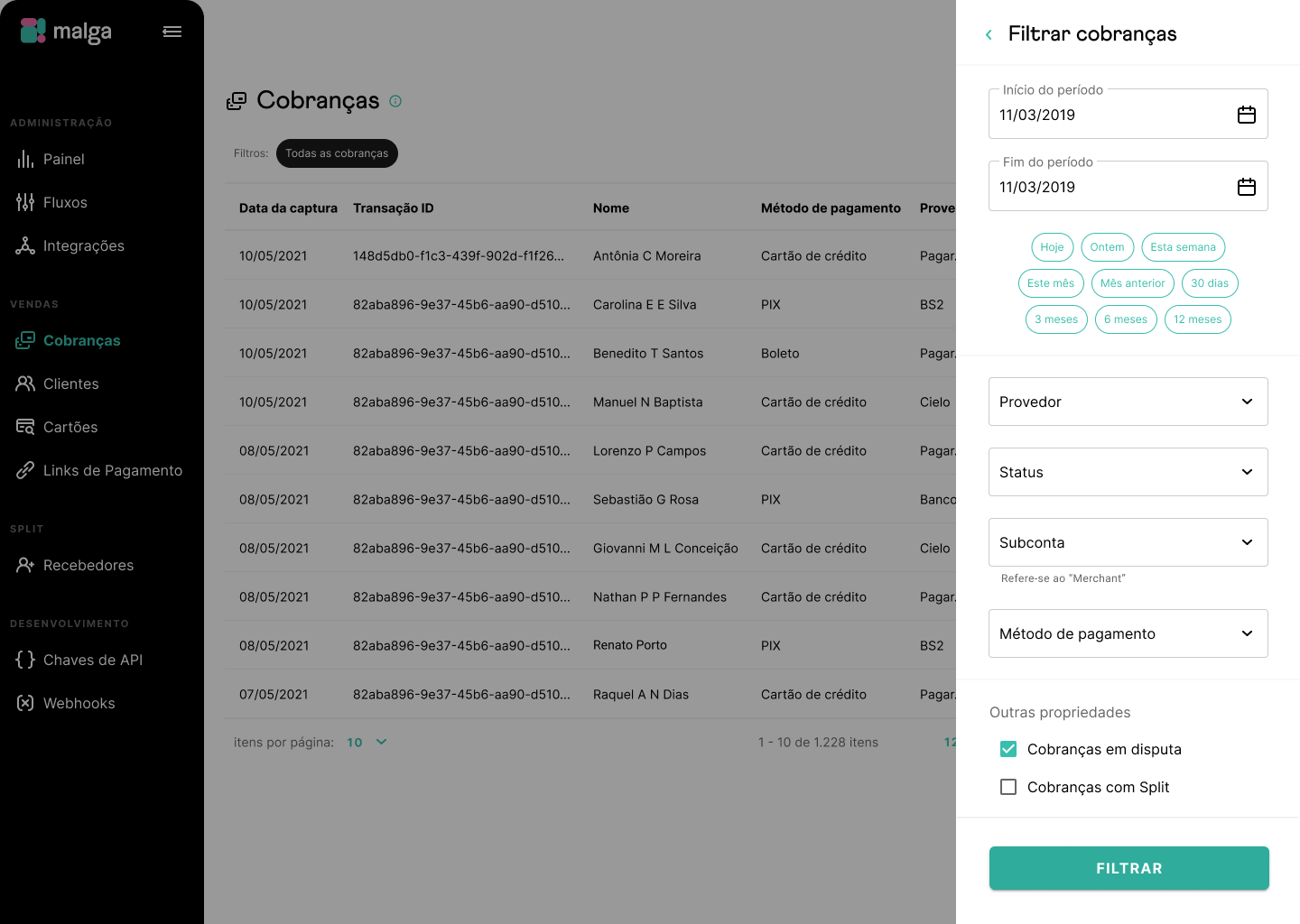 Filtros da área de Cobranças