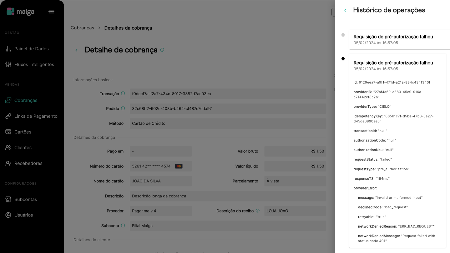 Histórico de Operações de uma cobrança autorizada