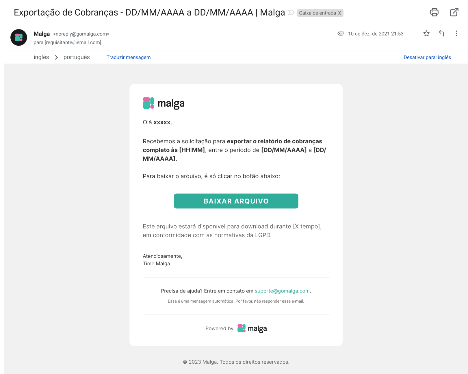 Email com o link para download do relatório