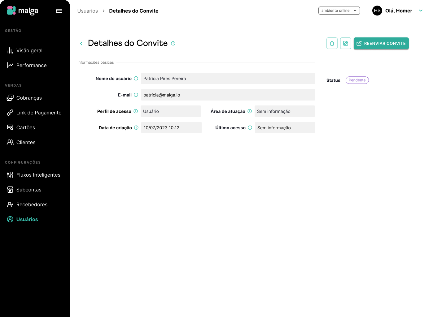 Ações nos detalhes de convites