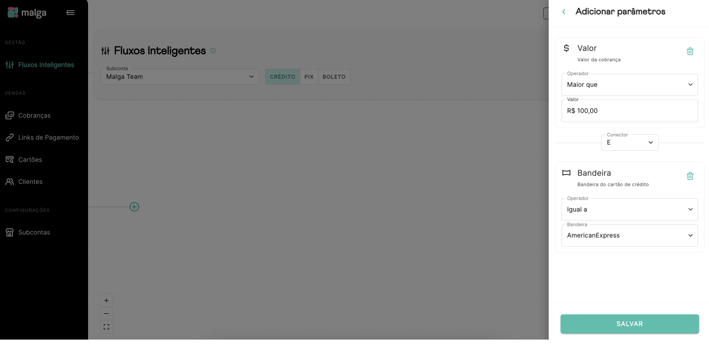 Configuração do condicional de Combinações - Operador lógico E