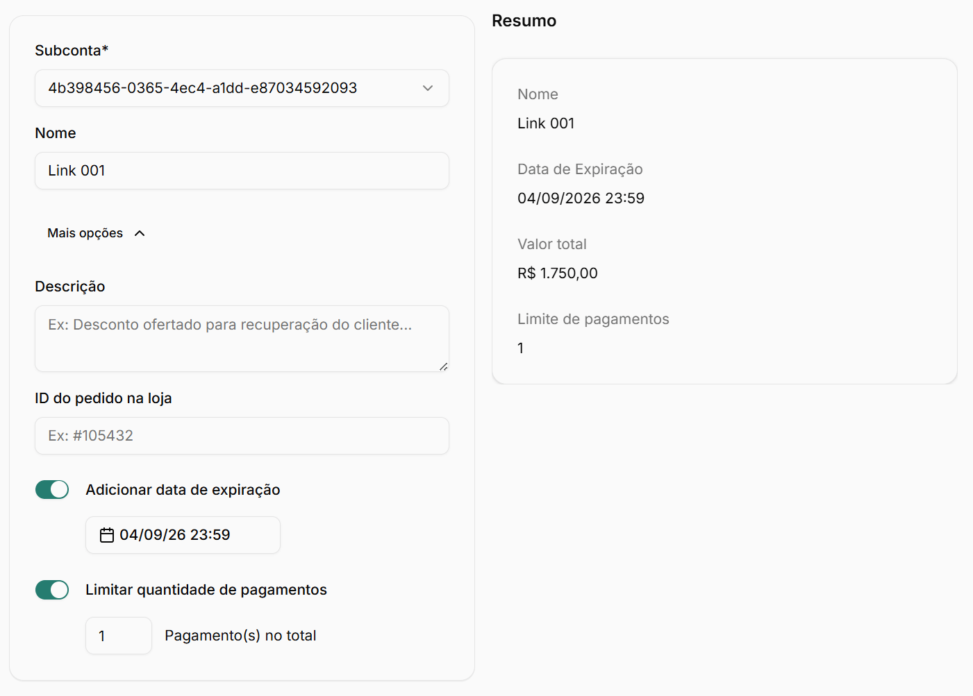 Campos opcionais da criação de link: descrição, ID do pedido, validade e quantidade de pagamentos