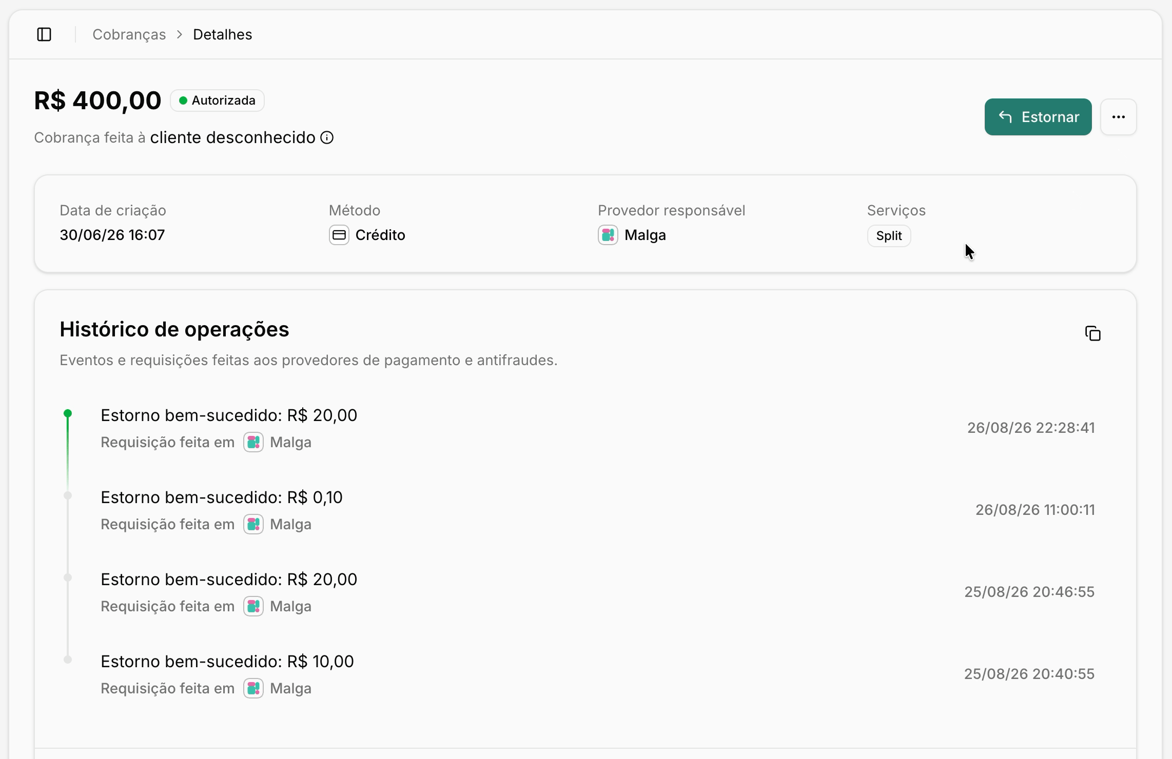 Detalhe de uma cobrança com estornos confirmados no Dashboard, com o download da carta de cancelamento e do comprovante de estorno