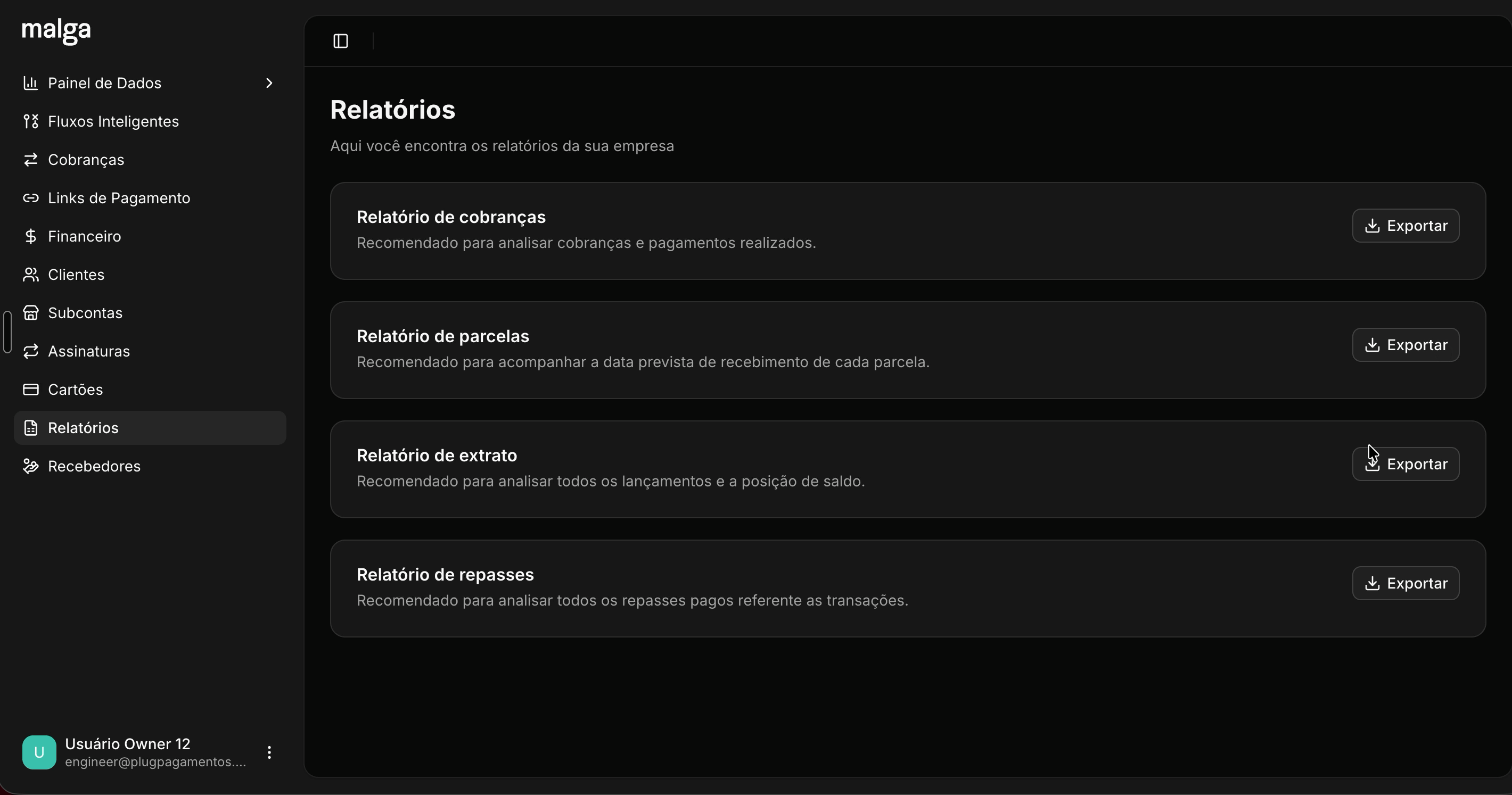 Tela de Relatórios no Dashboard, com o Relatório de parcelas na listagem e o botão Exportar