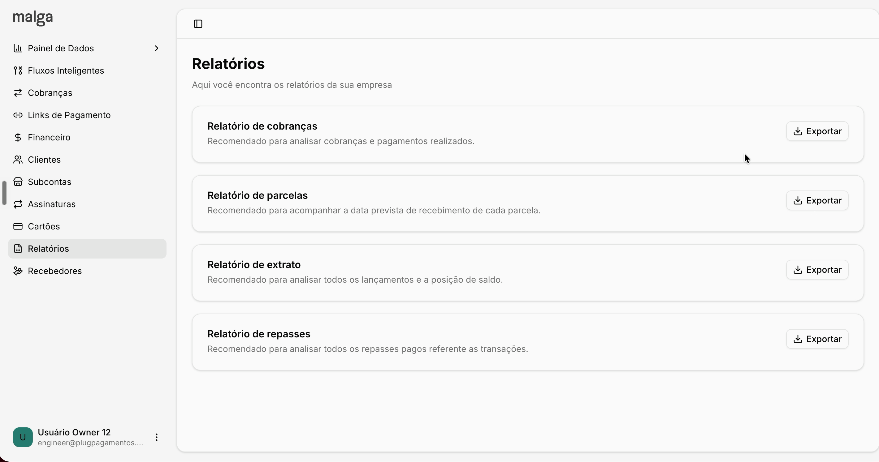 Tela de Relatórios no Dashboard, com o Relatório de parcelas na listagem e o botão Exportar