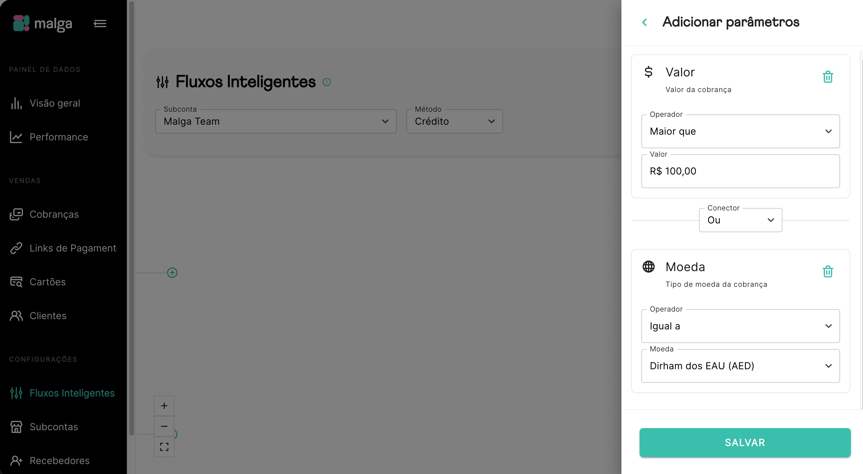 Configuração do condicional de Combinações - Operador lógico OU