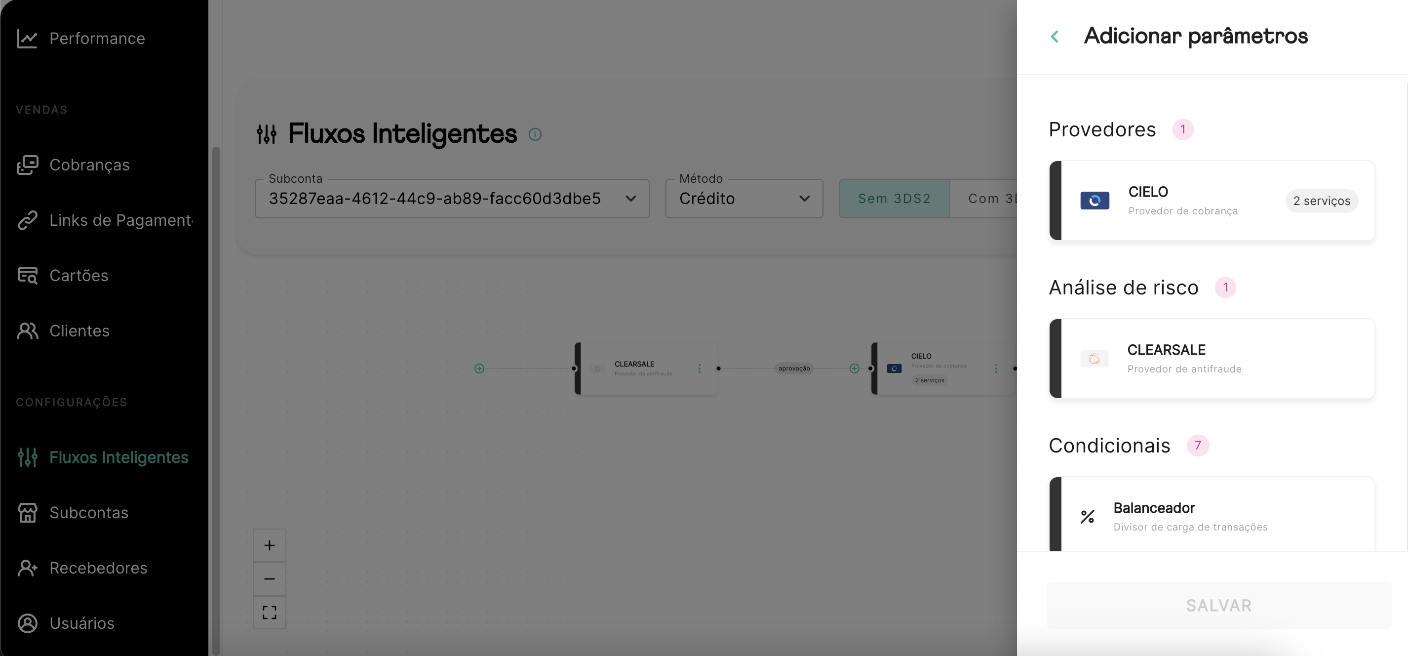 Menu lateral para adição/edição de provedores de cobrança e antifraude do fluxo