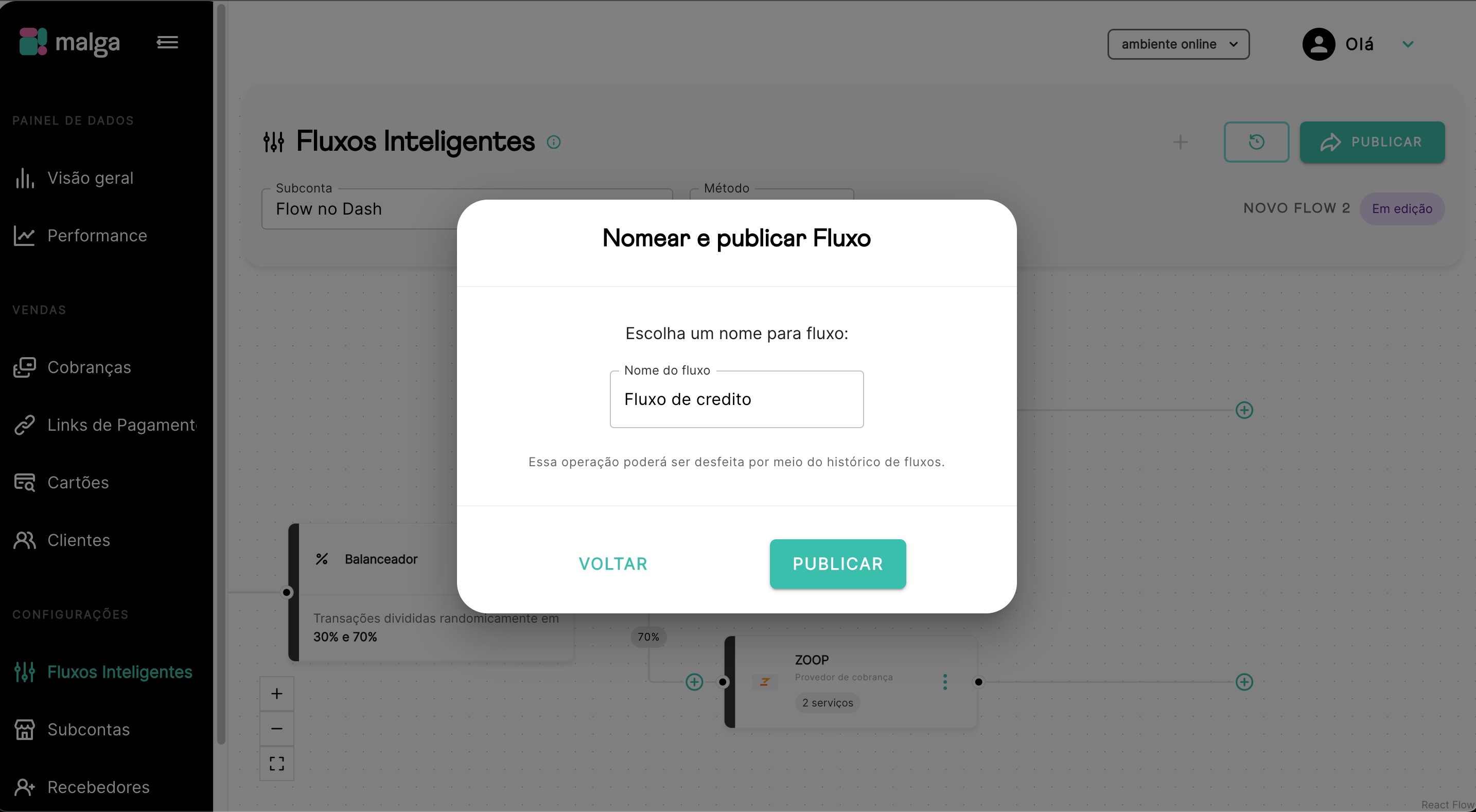 Modal para nomear o fluxo e confirmar a publicação