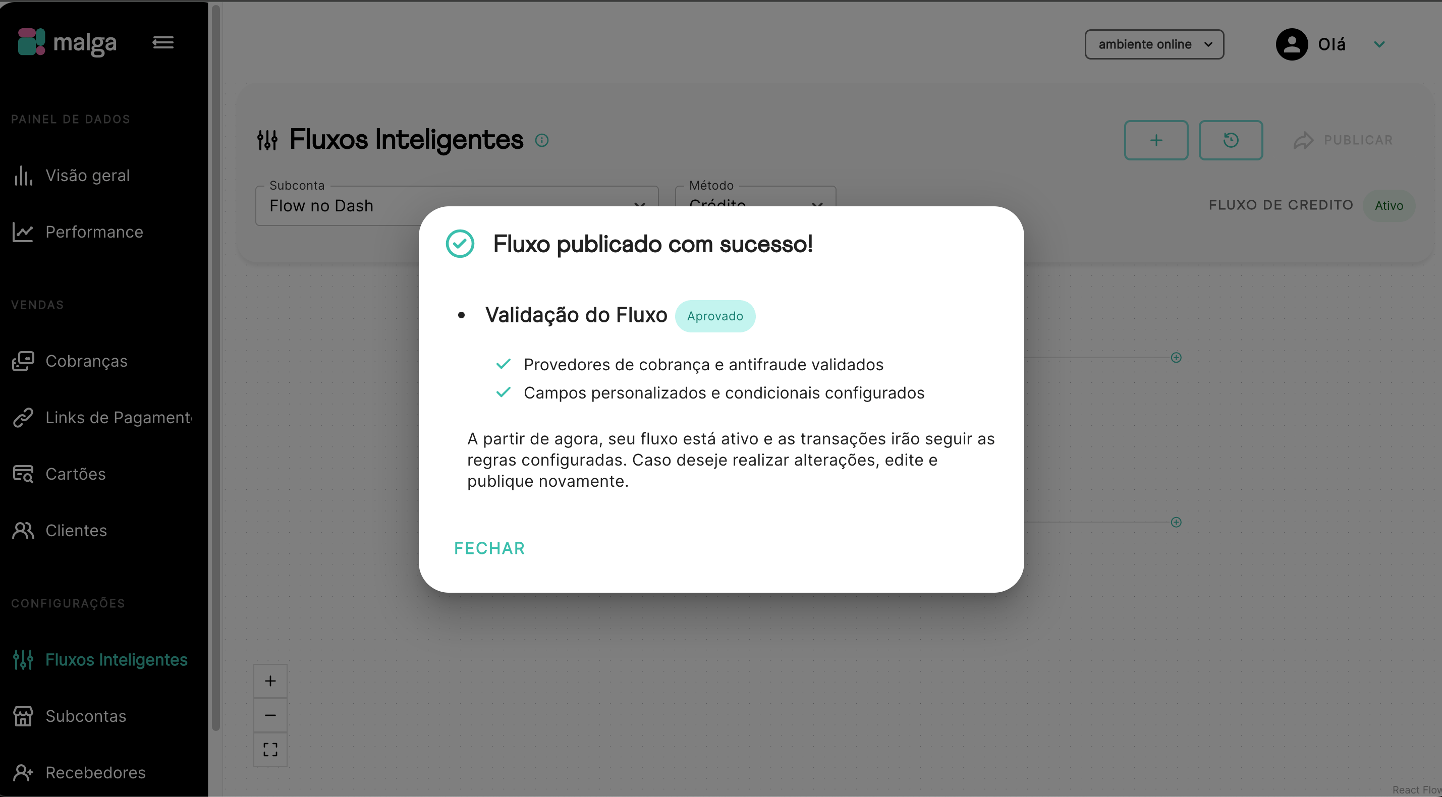 Publicação do fluxo com sucesso (ativo e no ar 🚀)