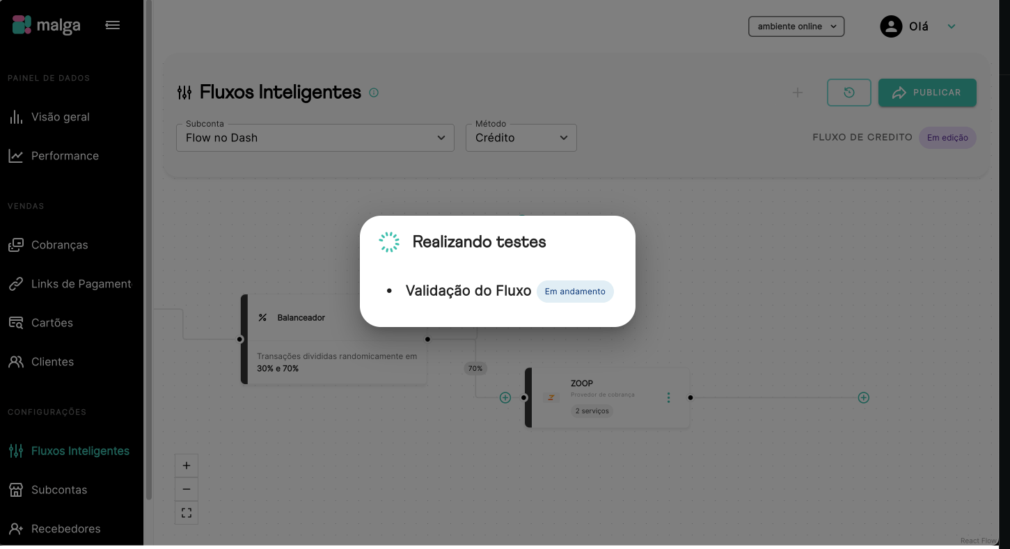 Validação do fluxo em andamento