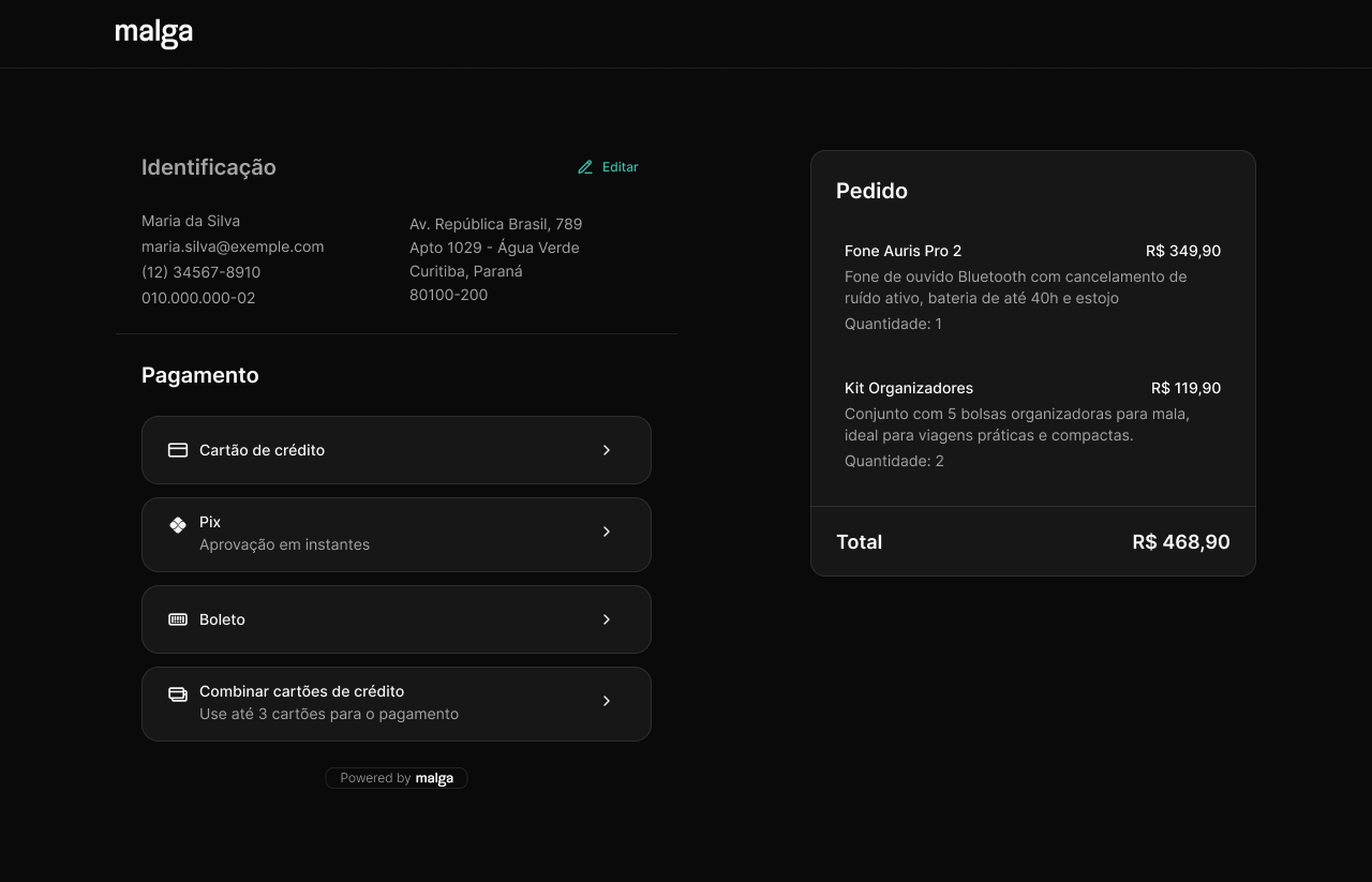 Checkout com a opção Combinar cartões de crédito
