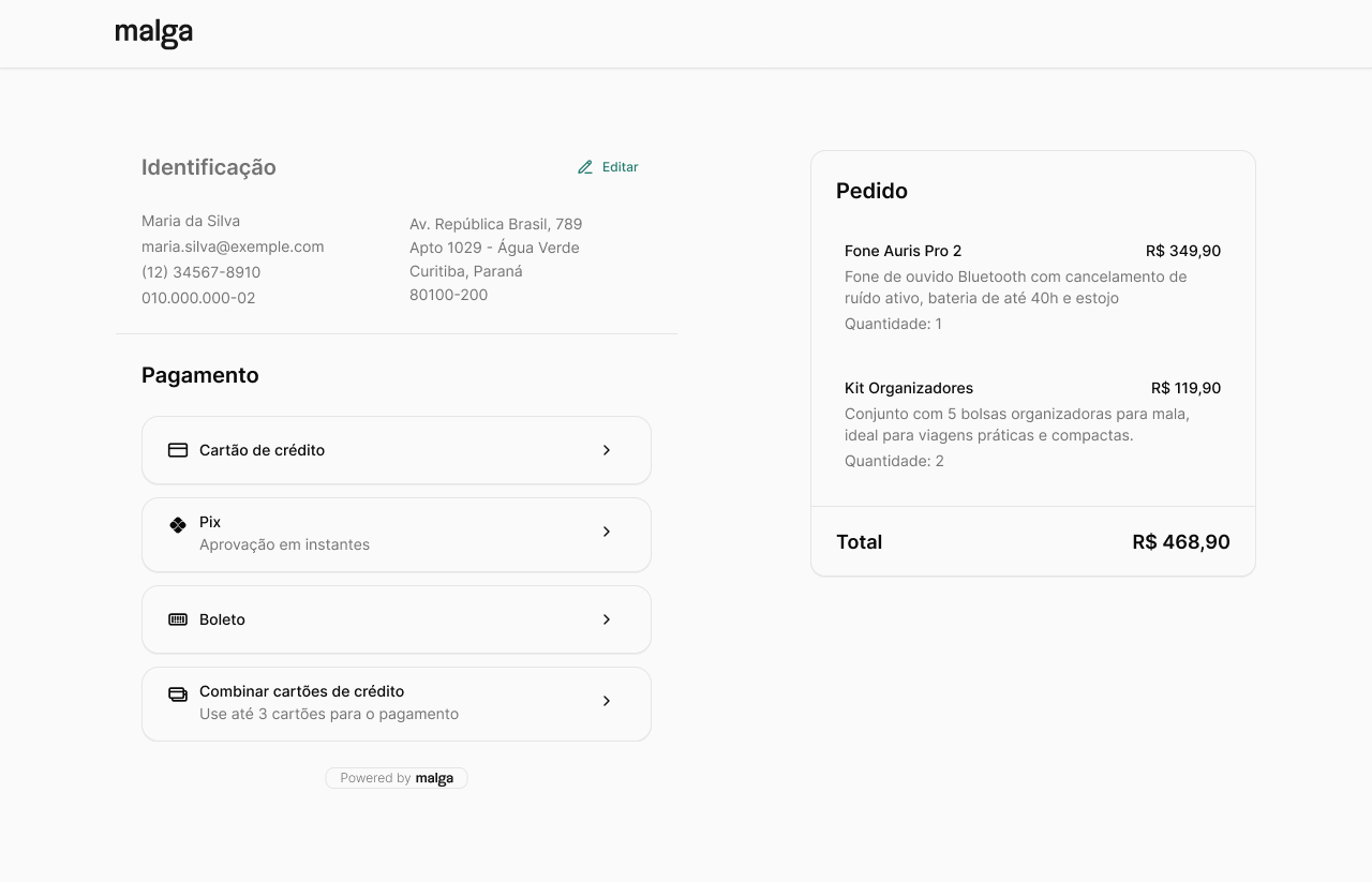 Checkout com a opção Combinar cartões de crédito