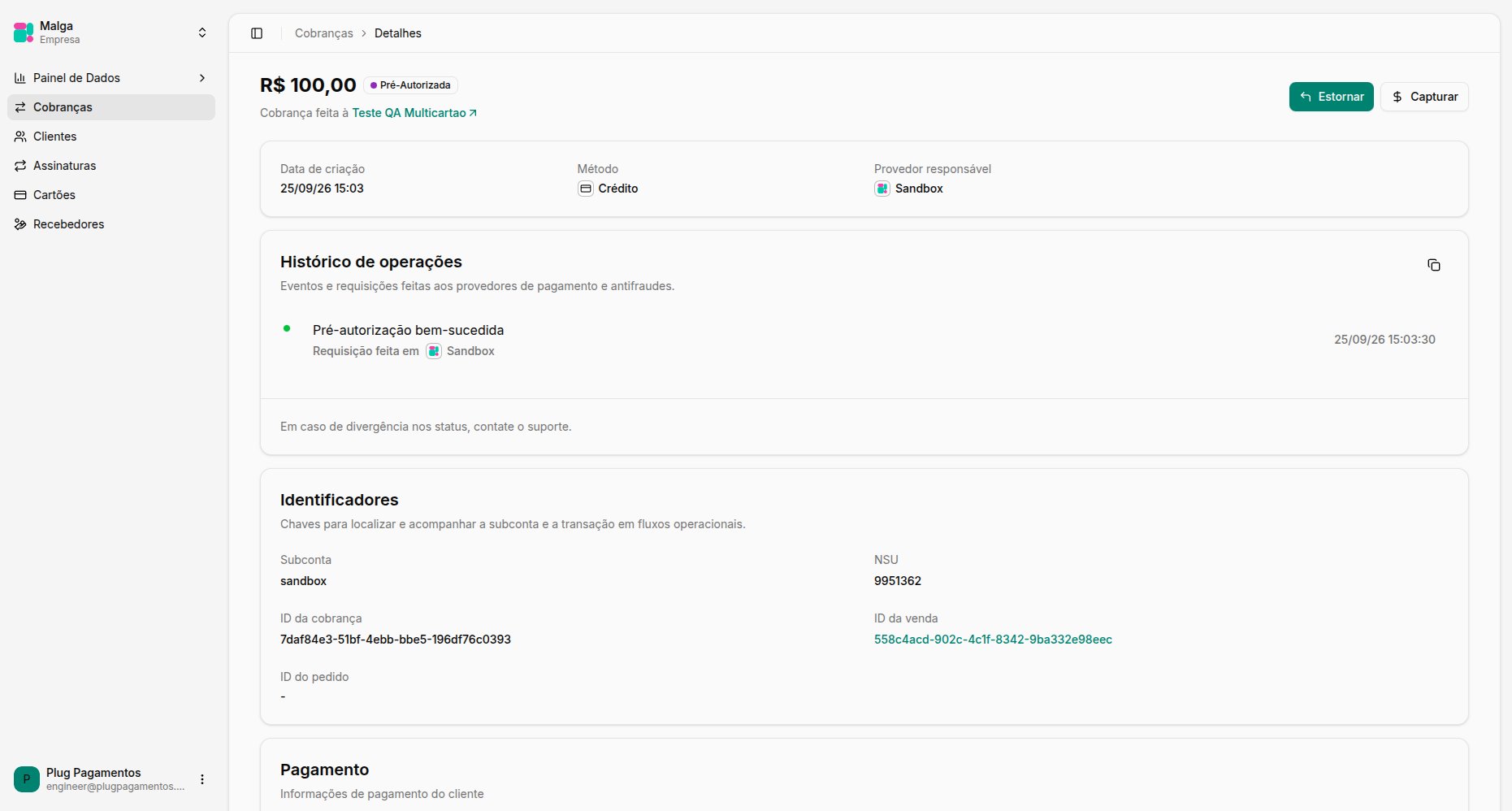 Estornar e Capturar no Detalhe de Cobrança
