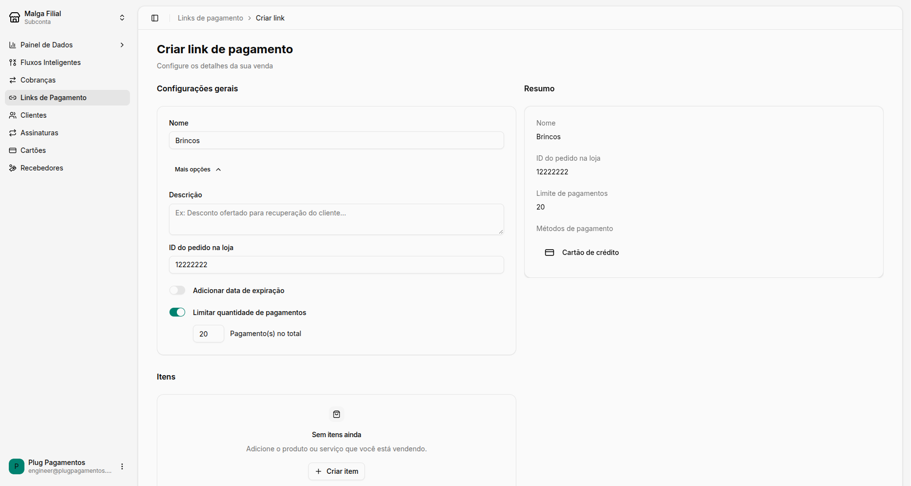 Tela de criação de link com o controle de limite de pagamentos habilitado