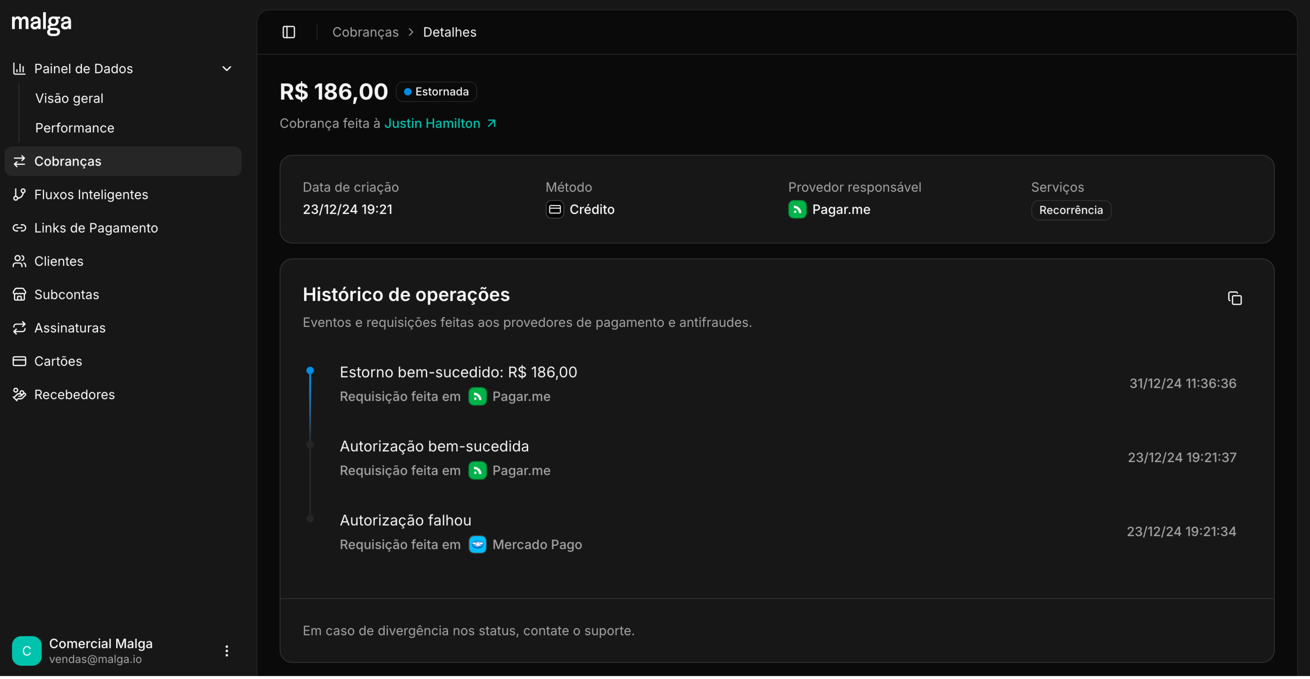 Detalhe de uma cobrança